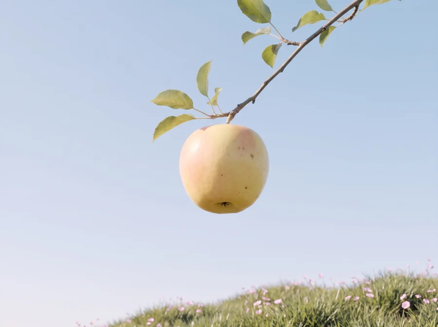 An untouched pale apple hangs from a branch above the meadow.