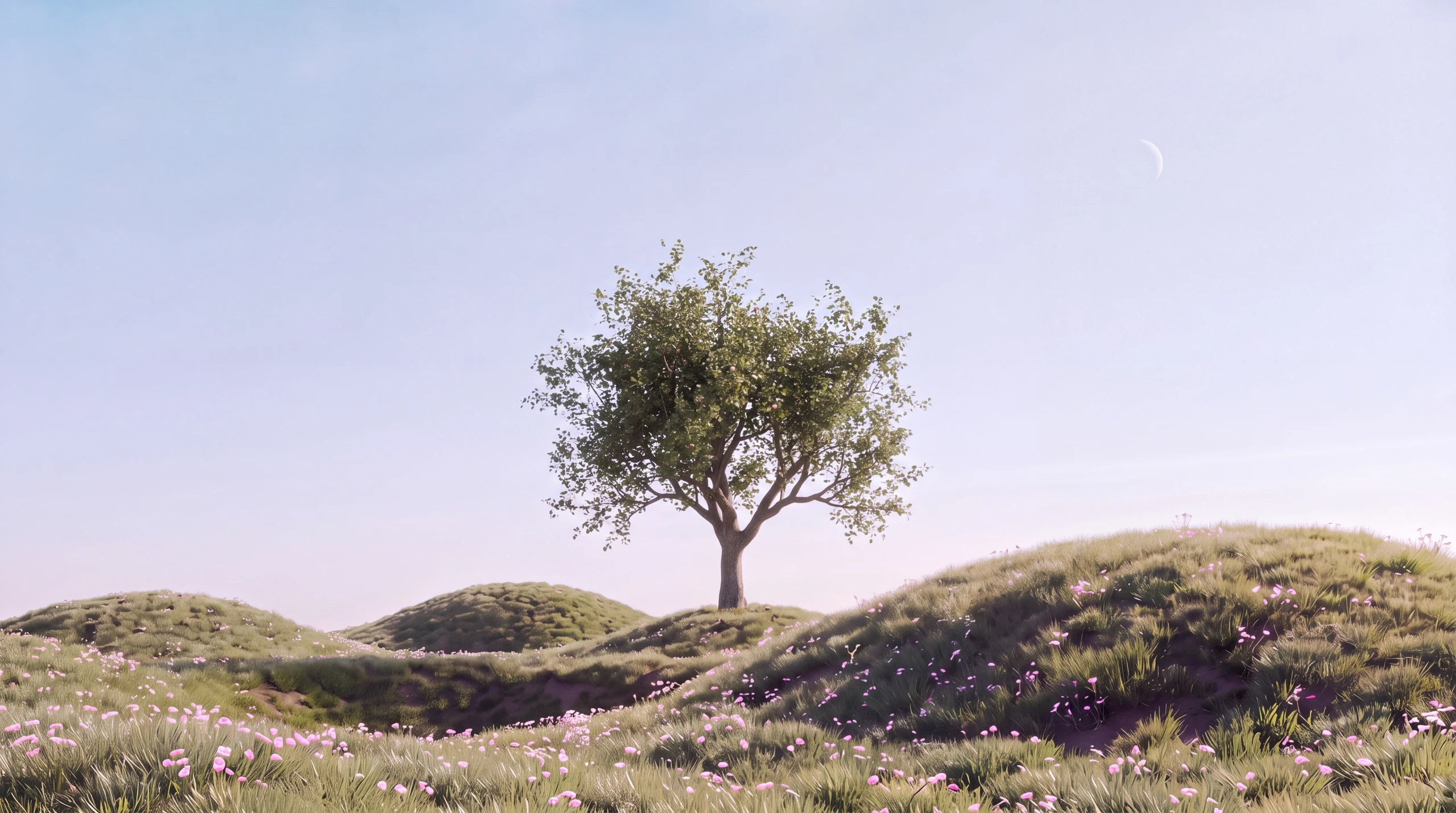 An apple tree stands in the flowering meadow, with a pale crescent moon in the afternoon sky.