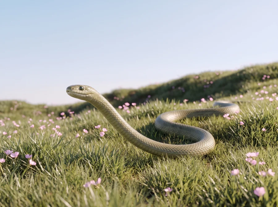 A calm green serpent raises its head among the flowers.
